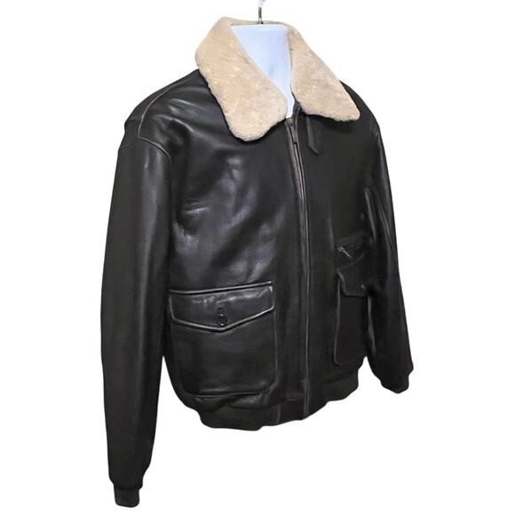 Vtg Aviator Leather Bomber Jacket/Coat Wool Collar Lg Dark Brown Flight Pilot - Picture 4 of 11